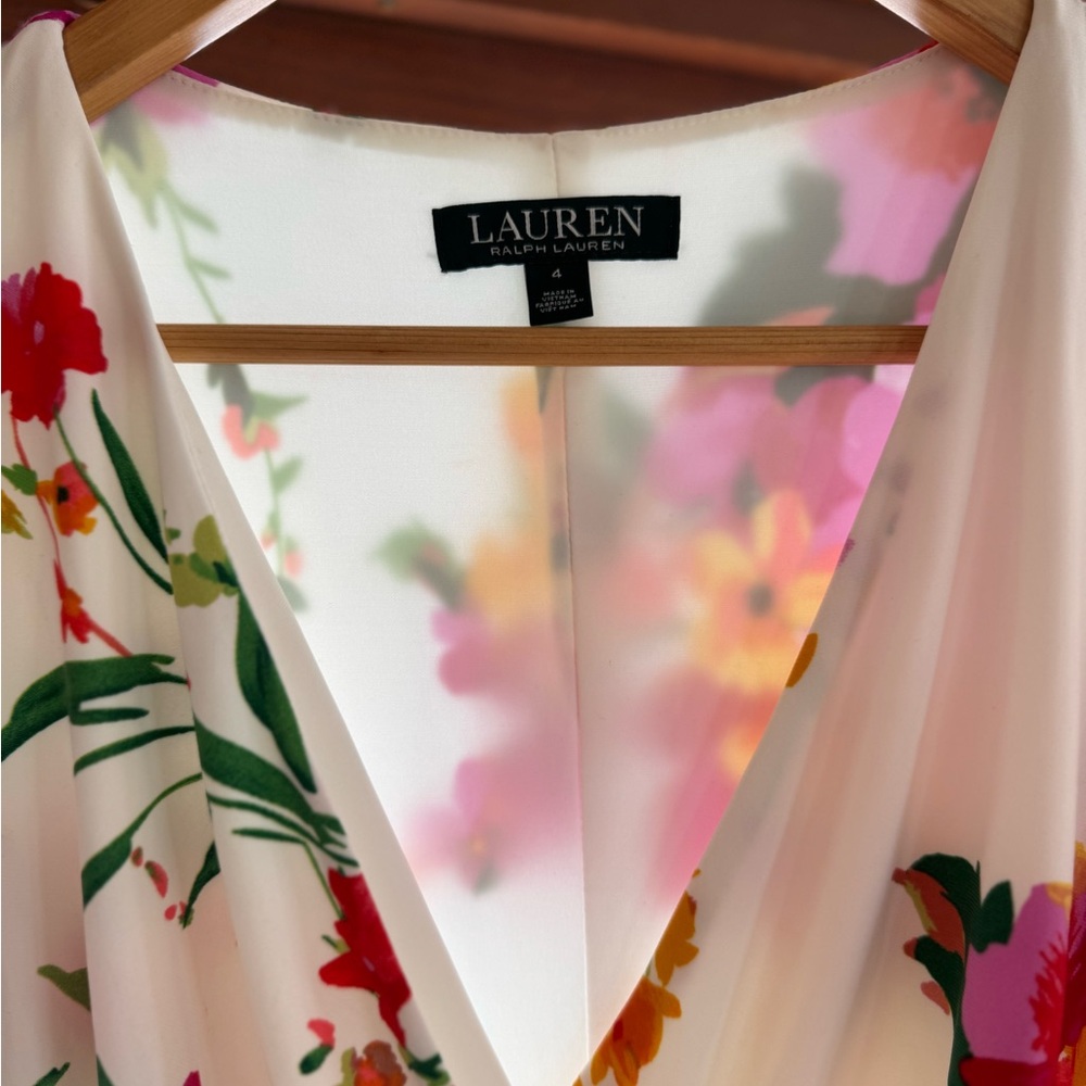 Lauren Ralph Lauren Cream Floral V-Neck Dress with Pink & Green Accents
